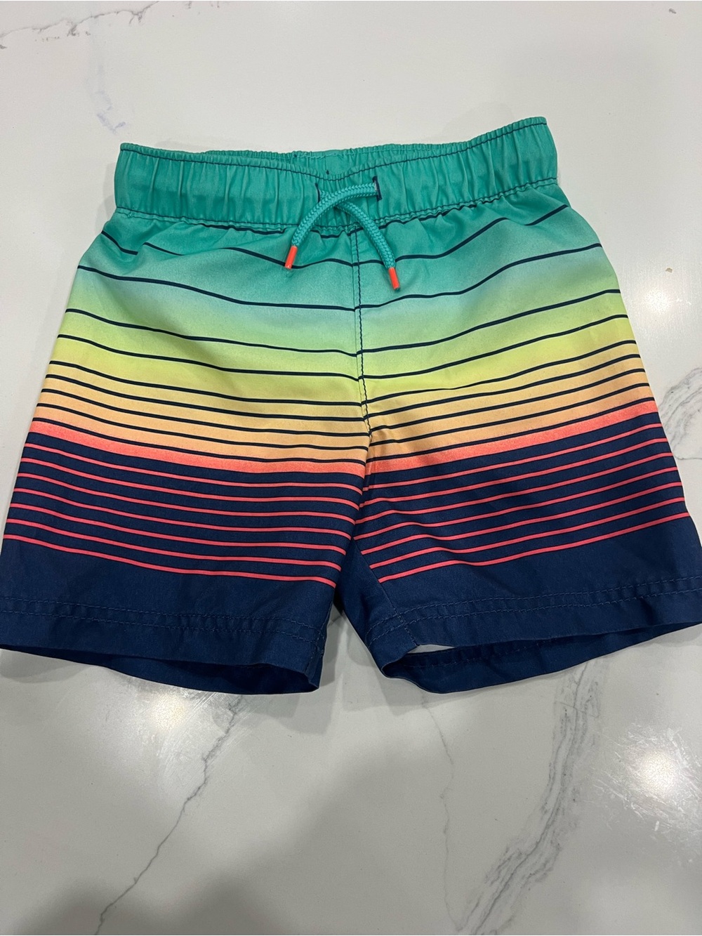 Old Navy Teal, Yellow, Coral & Navy Gradient Stripe Swim Trunks